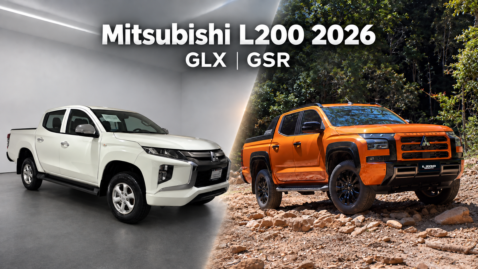 Mitsubishi L200 GLX y Mitsubishi L200 GSR 2026 en toma exterior comparativa.