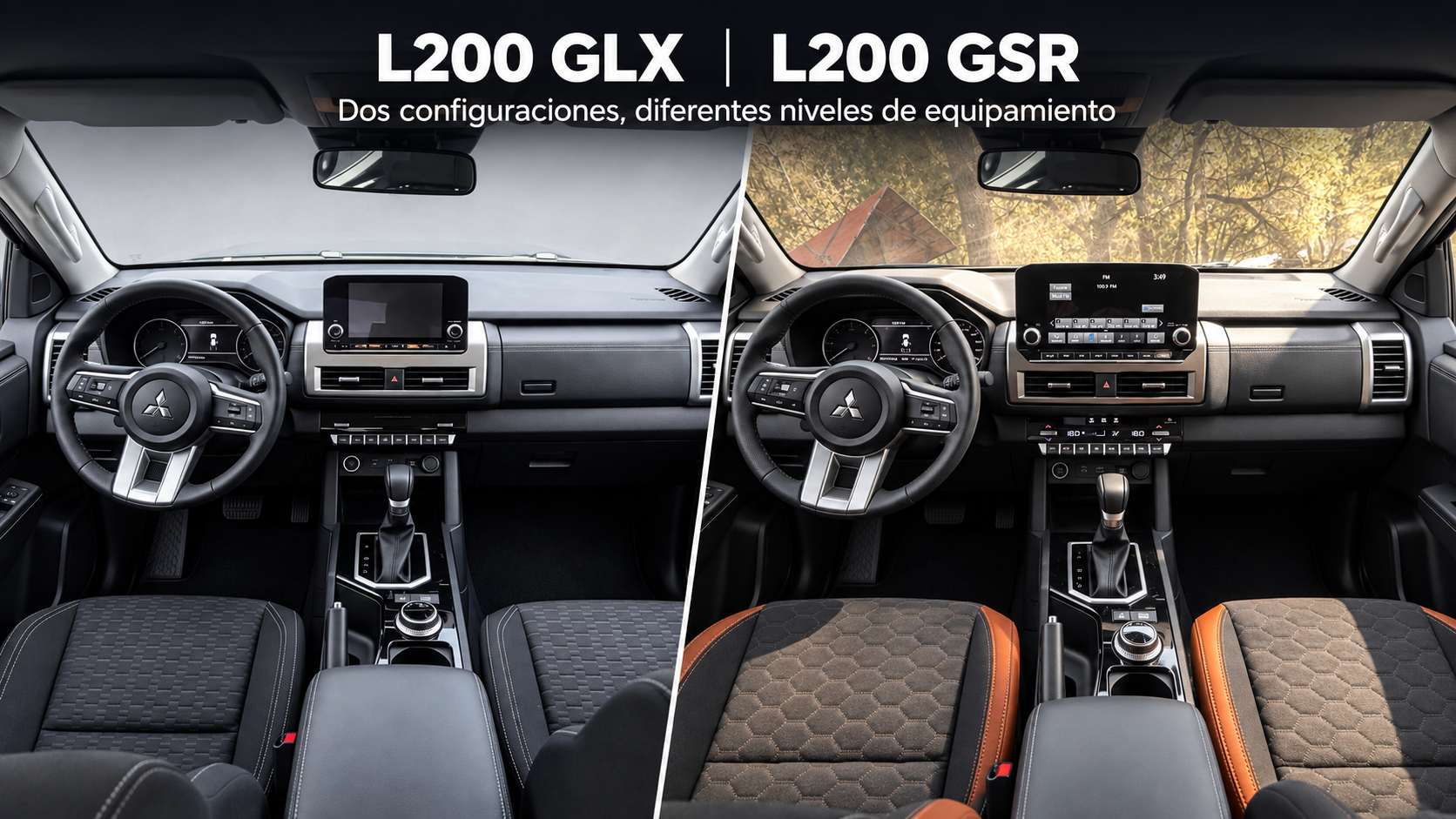 Interior de Mitsubishi L200 GLX y GSR 2026 comparando tablero, pantalla, volante y asiento.